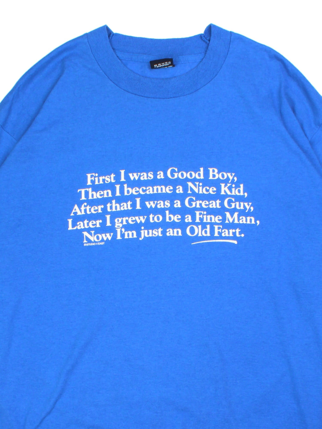 Vintage Studio East 'First I Was A Good Boy' Quote Graphic T-Shirt in a blue colourway with the spell out printed on the front, single stitch t-shirt.