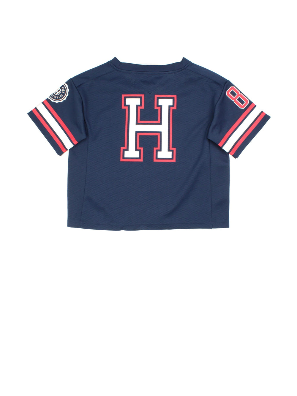 Tommy Hilfiger Cropped Jersey in a blue, white and red colourway with the logo printed on the front, back and sleeves, new with tag still on.