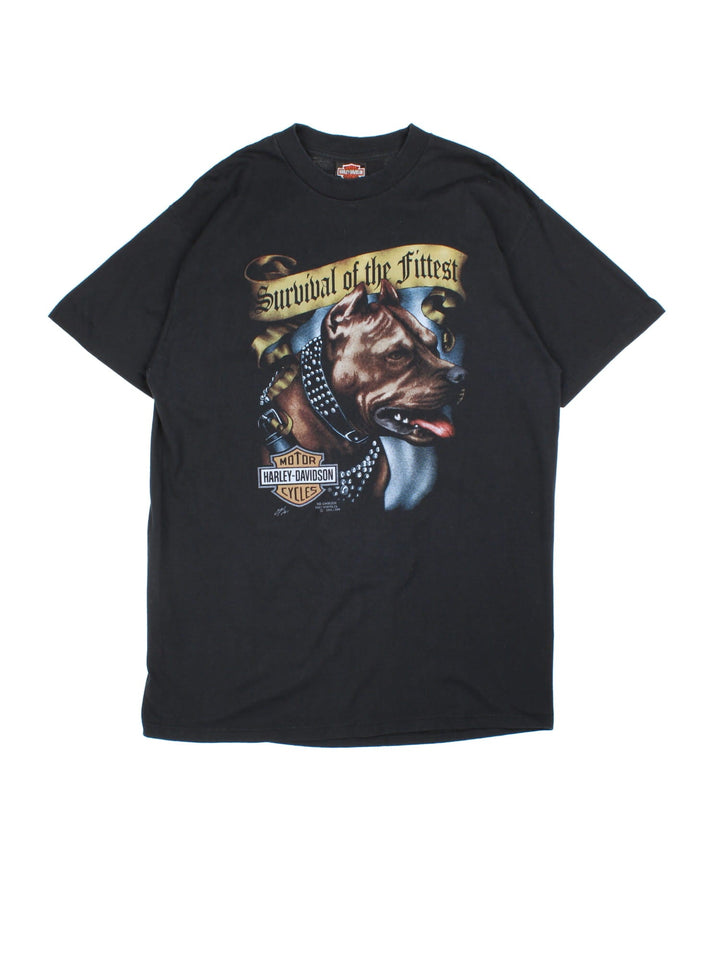 Vintage 1991 Harley-Davidson Survival Of The Fittest T-Shirt in a black colourway with printed graphics on the front and back.