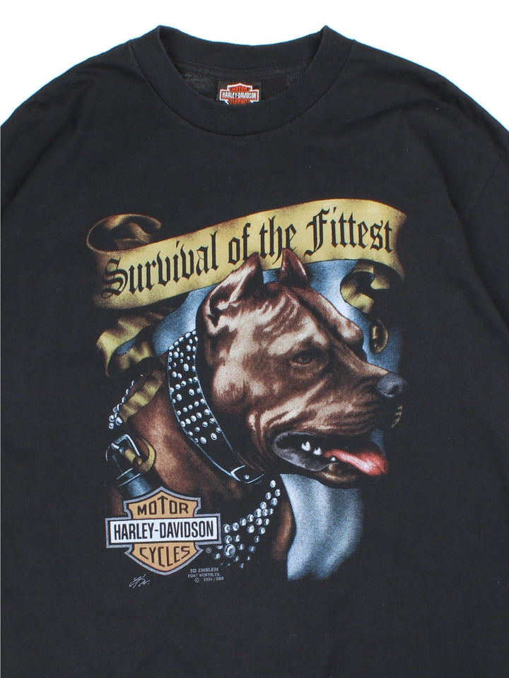 Vintage 1991 Harley-Davidson Survival Of The Fittest T-Shirt in a black colourway with printed graphics on the front and back.