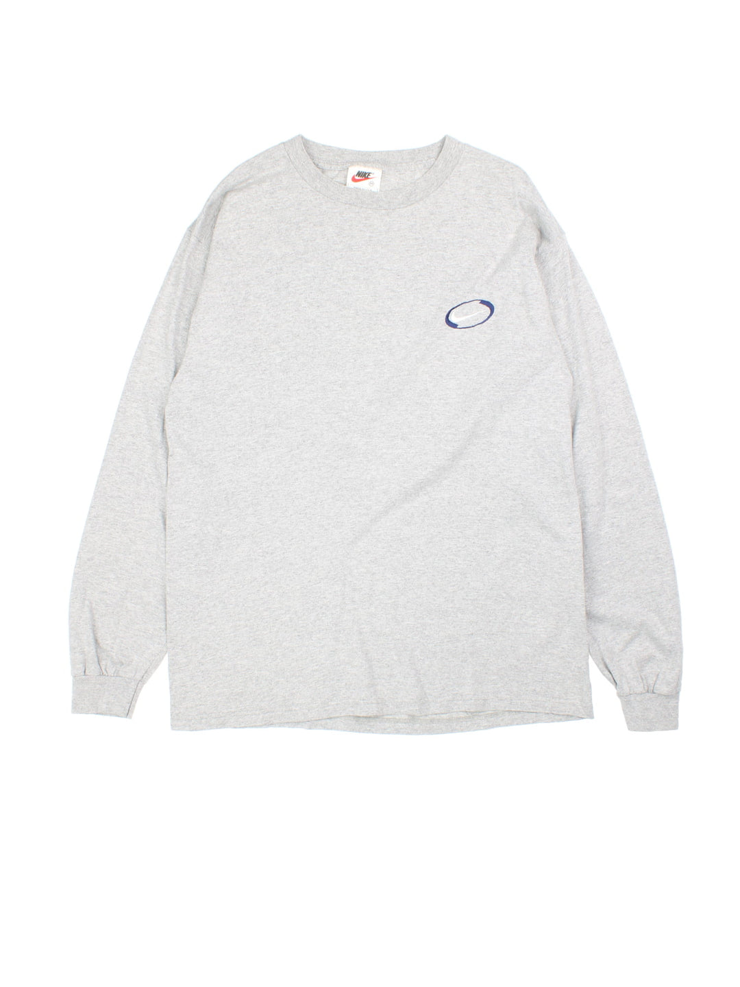 Vintage 90's Nike Oval Logo Long Sleeve T-Shirt in a grey colourway with the logo embroidered on the front.