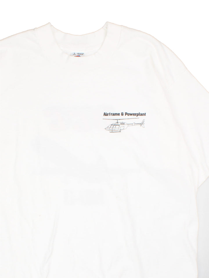 Vintage Airframe & Powerplant Graphic Single Stitch T-Shirt in a white colourway with the spell out and helicopter printed on the front, and on the back 'OCC MD-11' spell out and plane graphic.