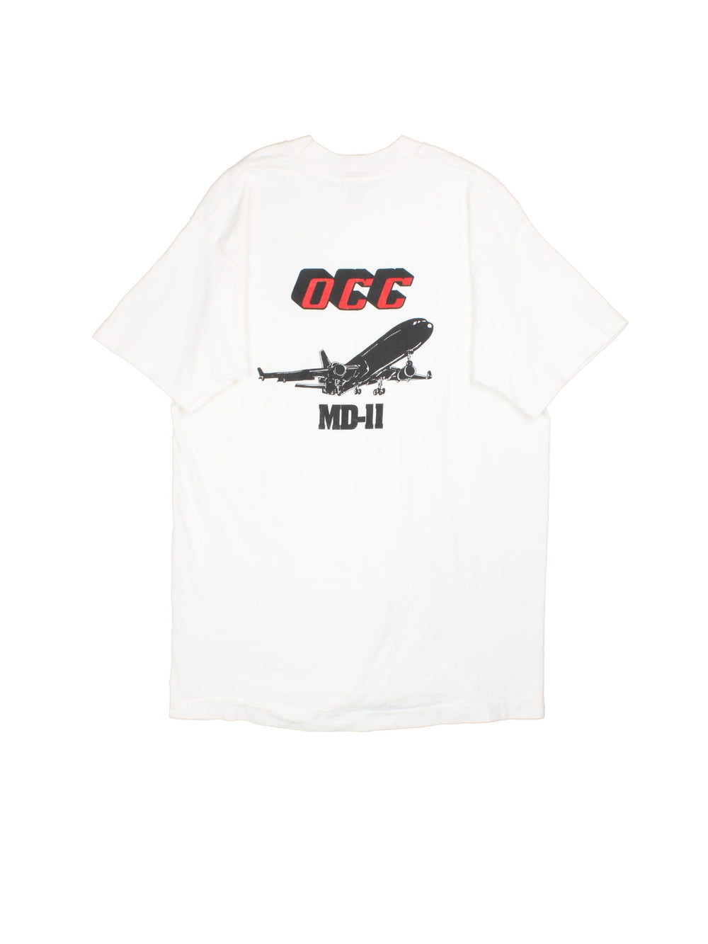 Vintage Airframe & Powerplant Graphic Single Stitch T-Shirt in a white colourway with the spell out and helicopter printed on the front, and on the back 'OCC MD-11' spell out and plane graphic.