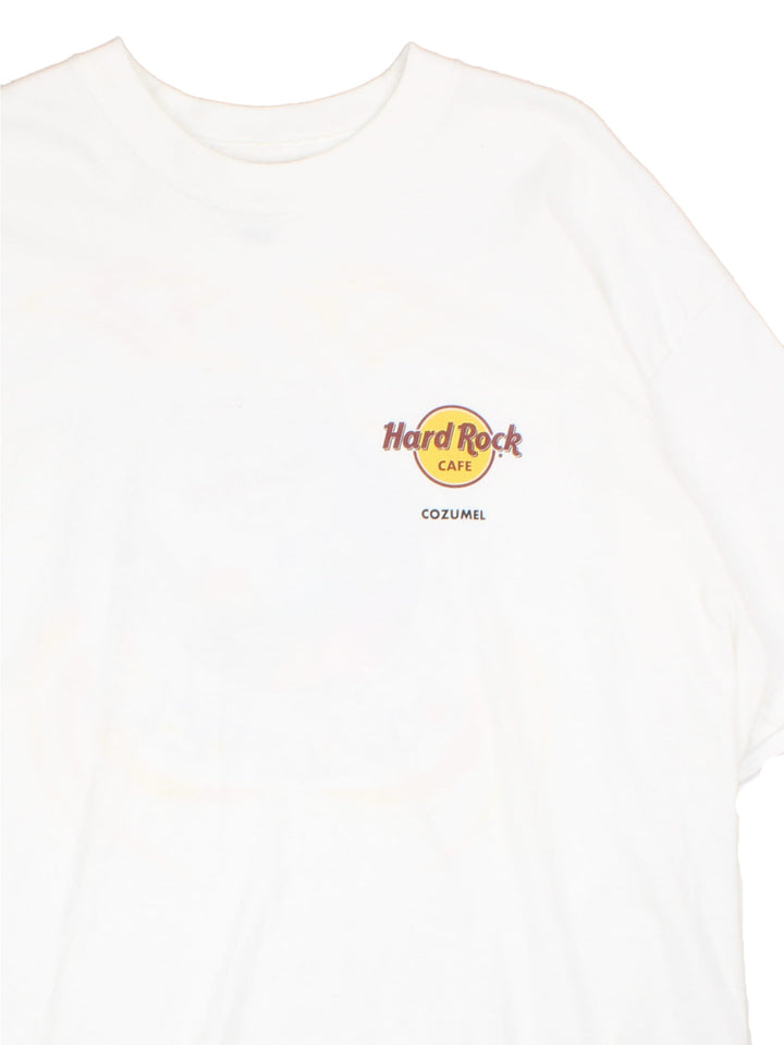 Vintage Hard Rock Cafe Cozumel T-Shirt in a white colourway with the logo printed on the front, and graphic spell out on the back.