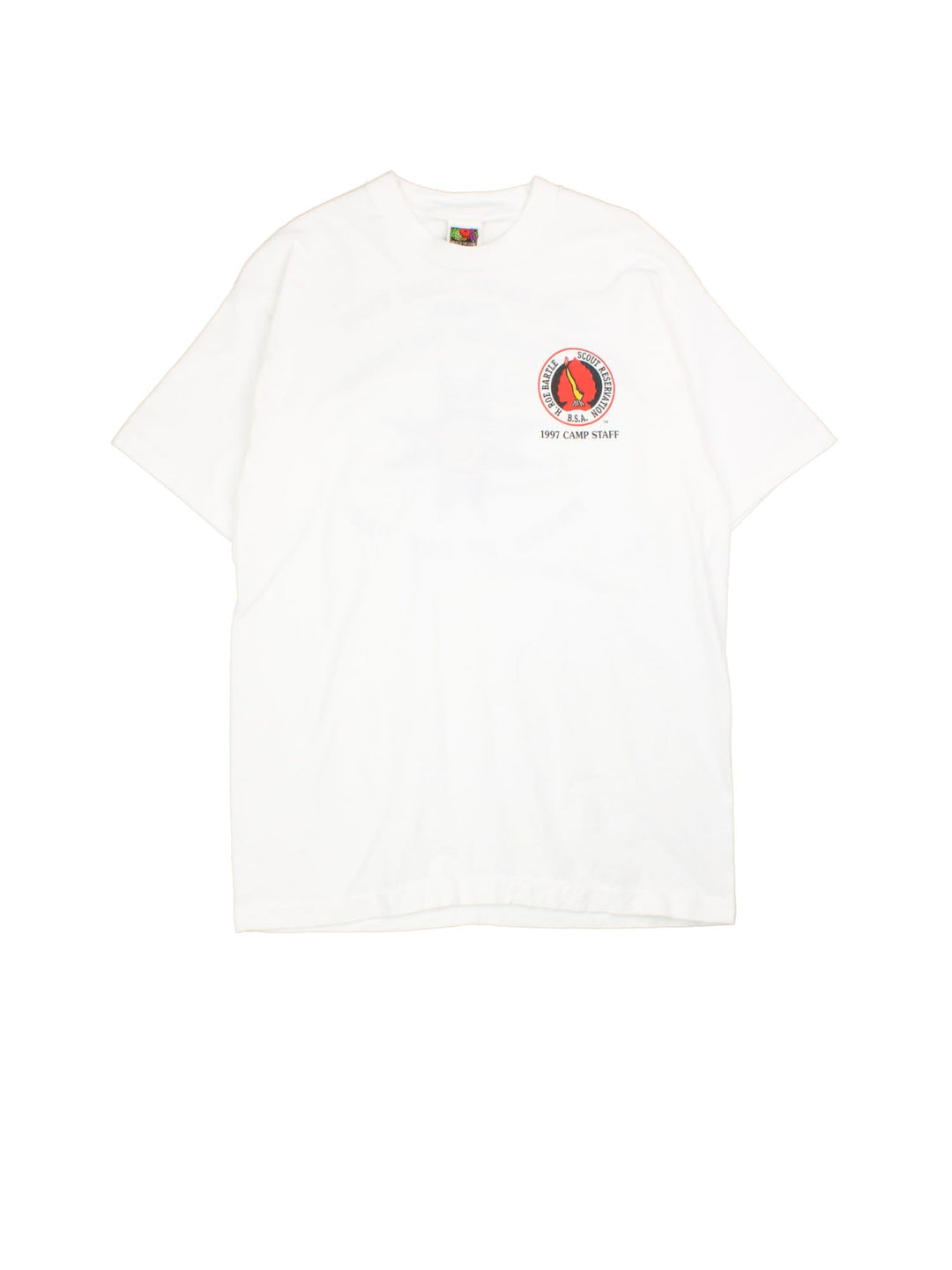 Vintage 1997 Scouts Camp Staff Graphic T-Shirt in a white colourway with the logo print on the front, and spell out graphic printed on the back.