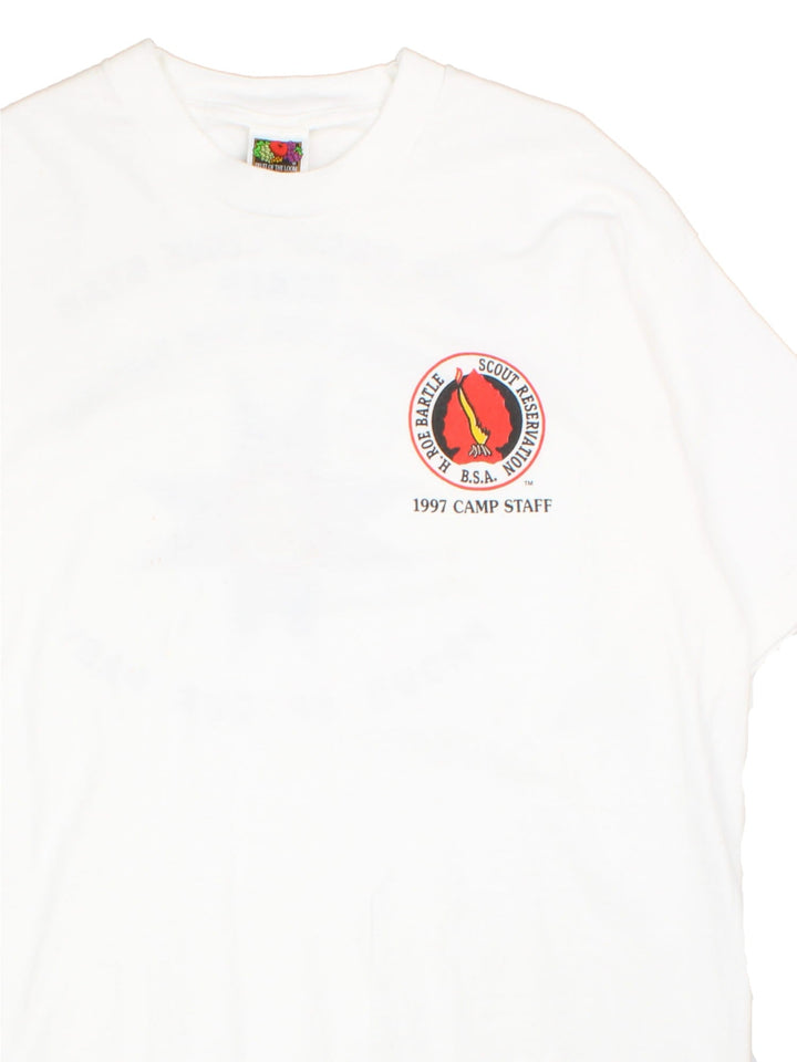 Vintage 1997 Scouts Camp Staff Graphic T-Shirt in a white colourway with the logo print on the front, and spell out graphic printed on the back.