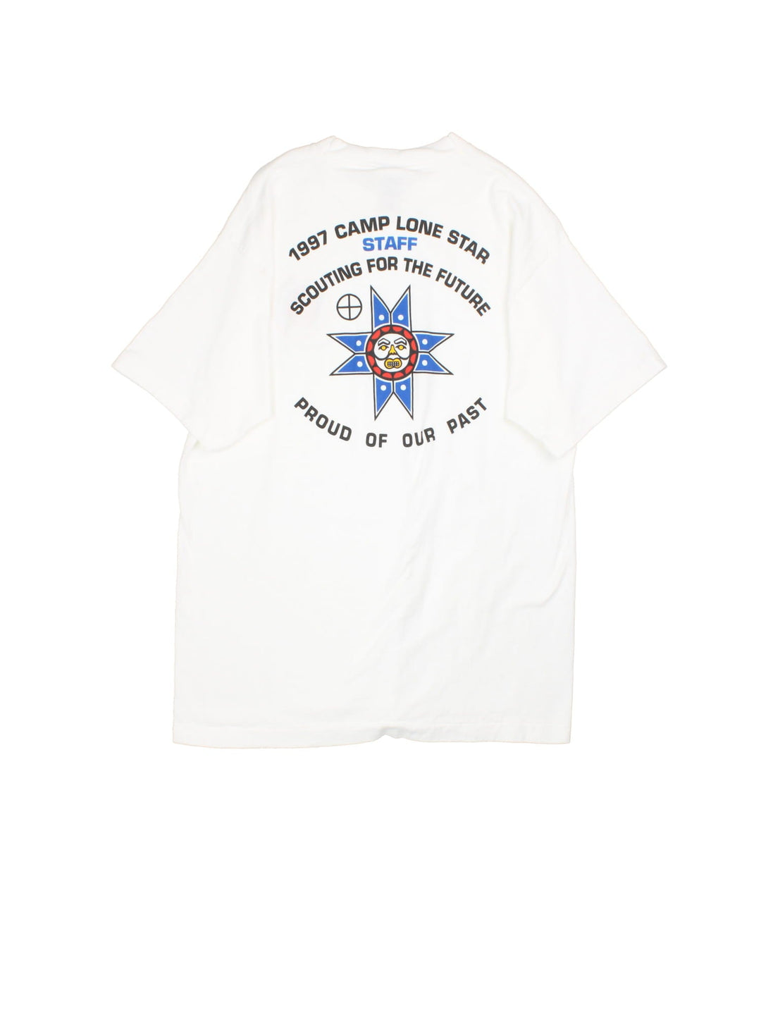 Vintage 1997 Scouts Camp Staff Graphic T-Shirt in a white colourway with the logo print on the front, and spell out graphic printed on the back.