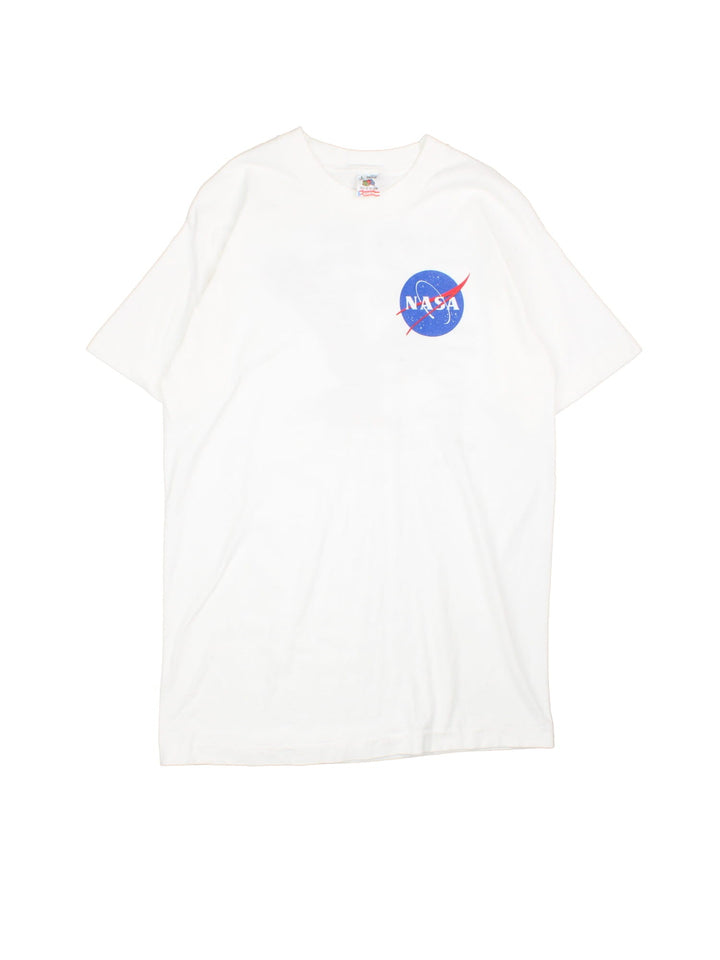 Vintage 90's NASA Apollo 11 25 Year Anniversary Graphic T-Shirt in a white colourway with the logo on the front, as well as spell out and Eagle graphic printed on the back.