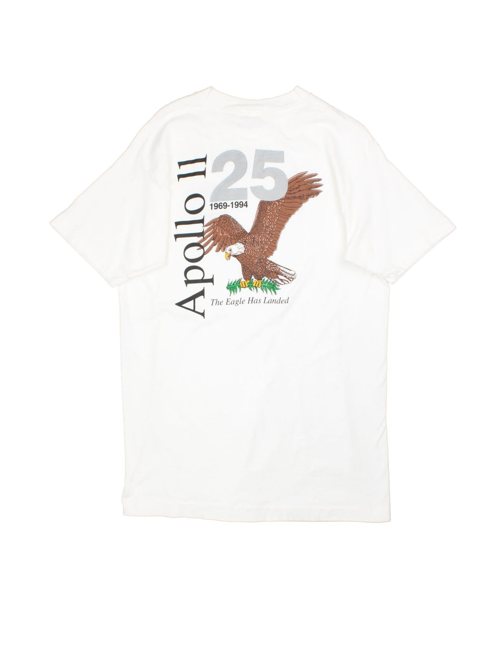 Vintage 90's NASA Apollo 11 25 Year Anniversary Graphic T-Shirt in a white colourway with the logo on the front, as well as spell out and Eagle graphic printed on the back.