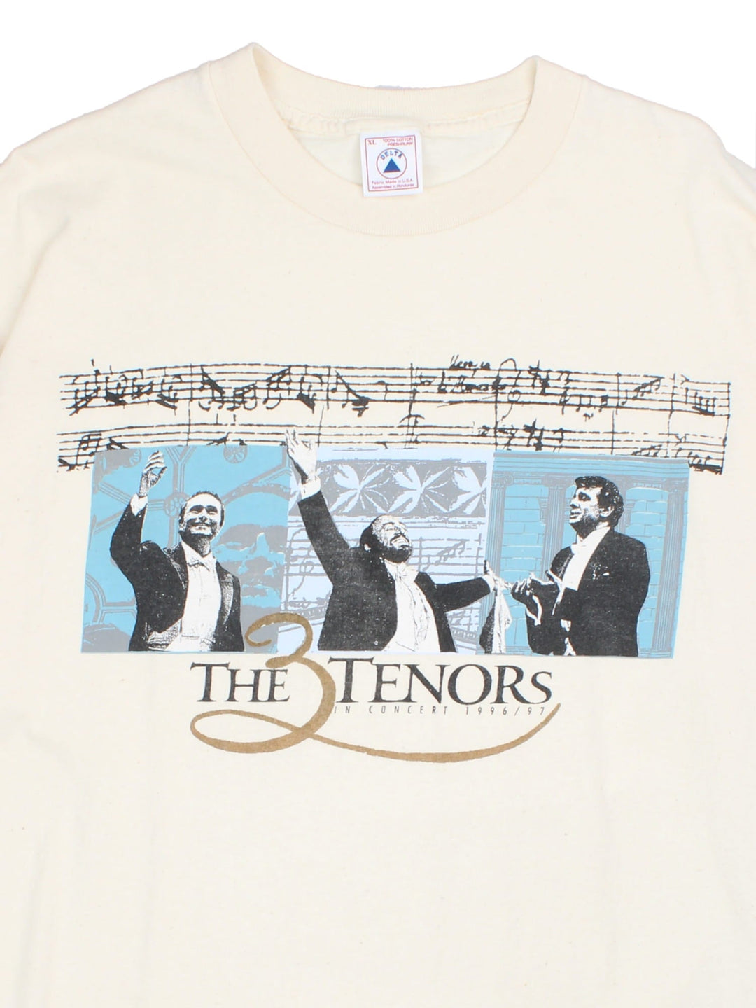 Vintage 1996/97 The Three Tenors In Concert Graphic T-Shirt in a tan colourway with the band spell out and graphic printed on the front.