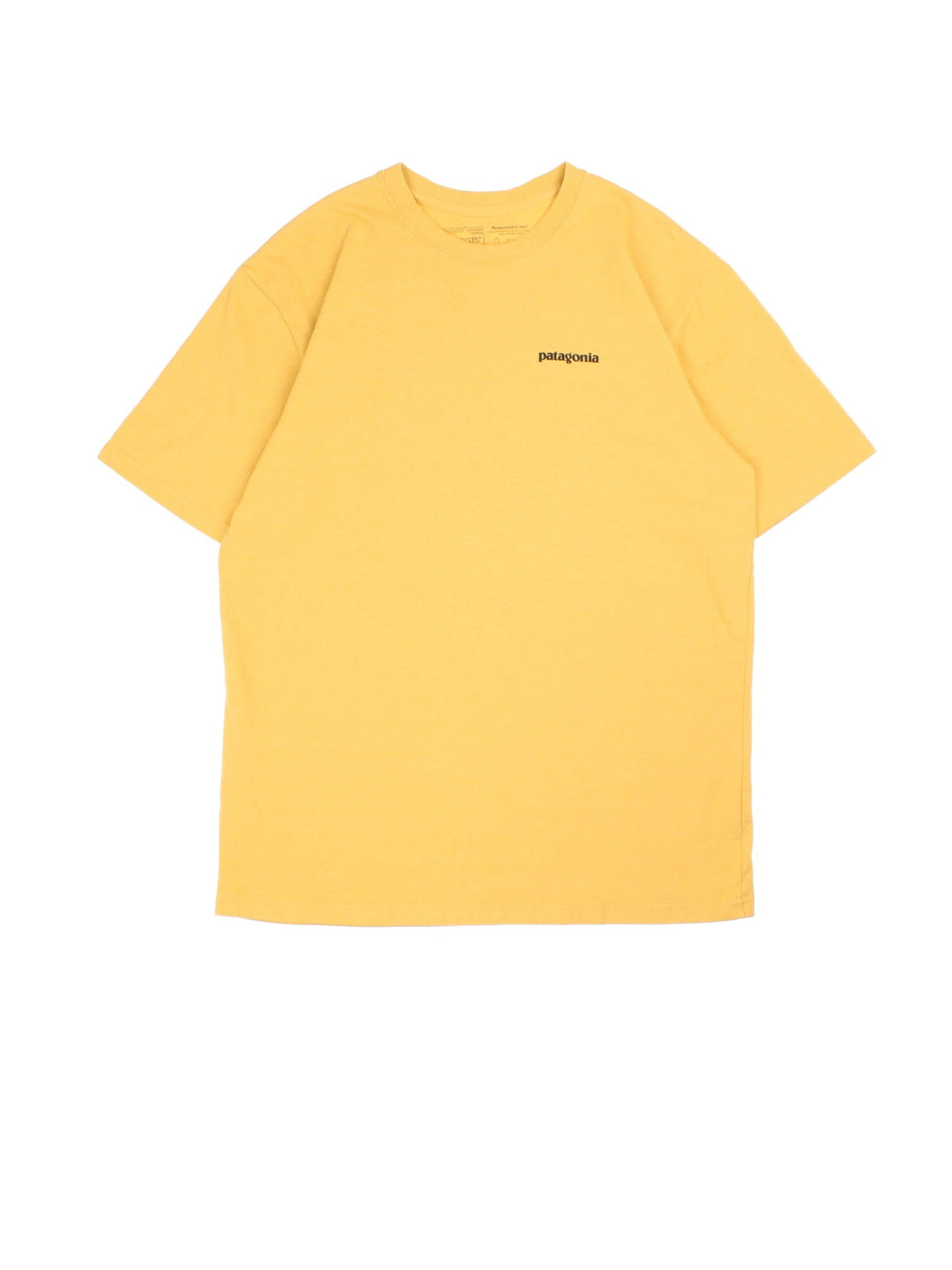 Patagonia T-Shirt in a yellow colourway with small name logo of the front and large logo on the back. .