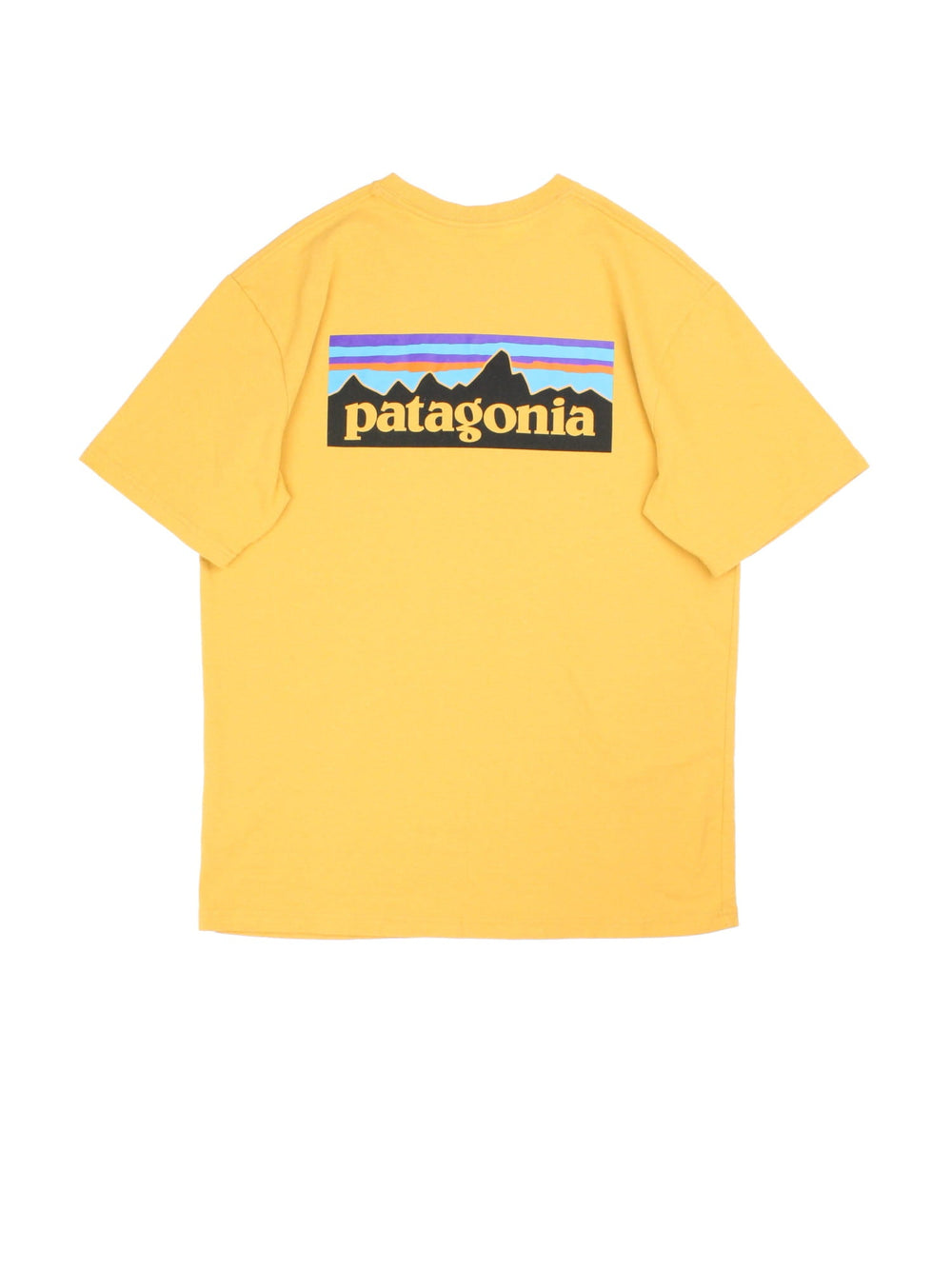 Patagonia T-Shirt in a yellow colourway with small name logo of the front and large logo on the back. .