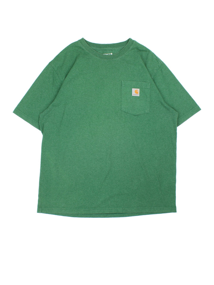 Carhartt T-Shirt in a green colourway with pocket and small logo on the front..