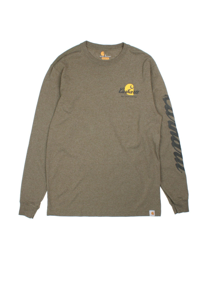 Carhartt Long Sleeve T-Shirt in a green colourway with brand name graphic down the sleeve and small graphic on the front.