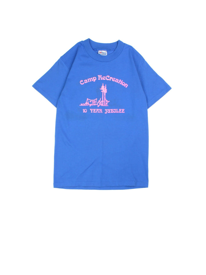 Vintage 90's Camp T-Shirt in a blue colourway with neon pink graphic on the front.