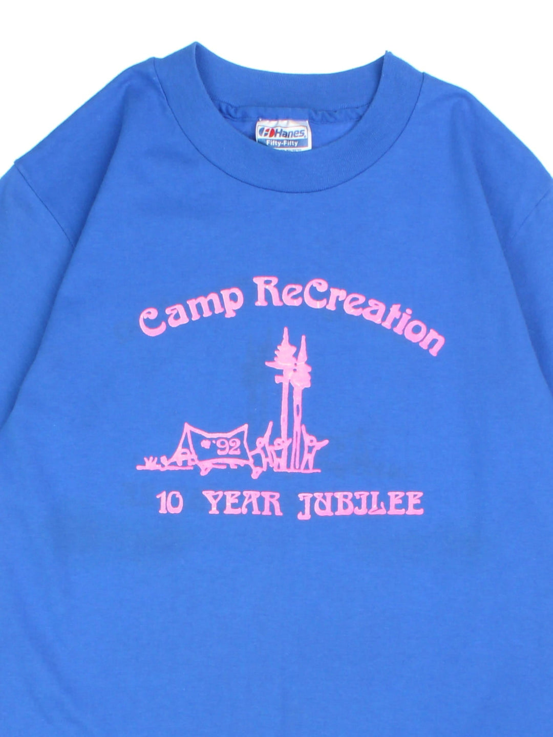 Vintage 90's Camp T-Shirt in a blue colourway with neon pink graphic on the front.