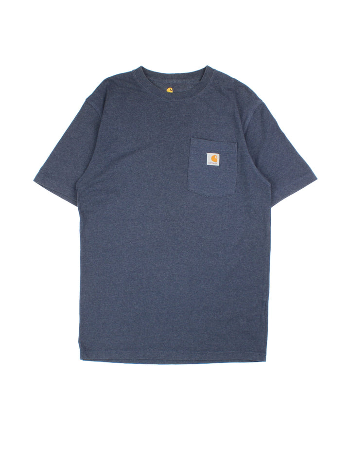 Carhartt T-Shirt in a blue colourway with pocket and small logo on the front.