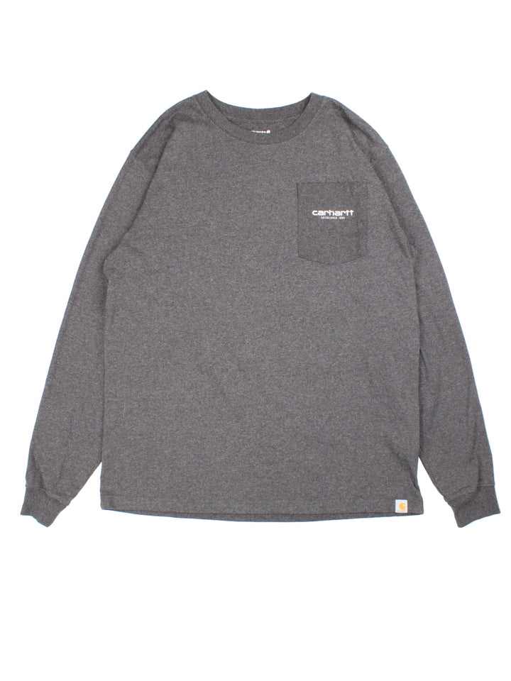 Carhartt Long Sleeve T-Shirt in a grey colourway with pocket and small logo on the front and large graphic on the back..