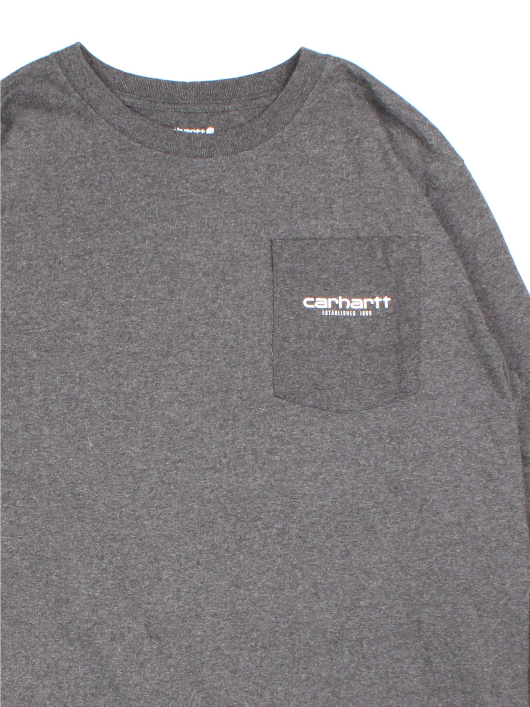 Carhartt Long Sleeve T-Shirt in a grey colourway with pocket and small logo on the front and large graphic on the back..