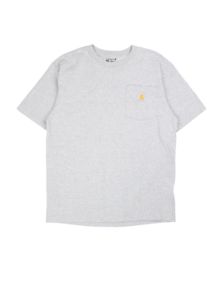 Carhartt T-Shirt in a grey colourway with small logo and pocket on the front.