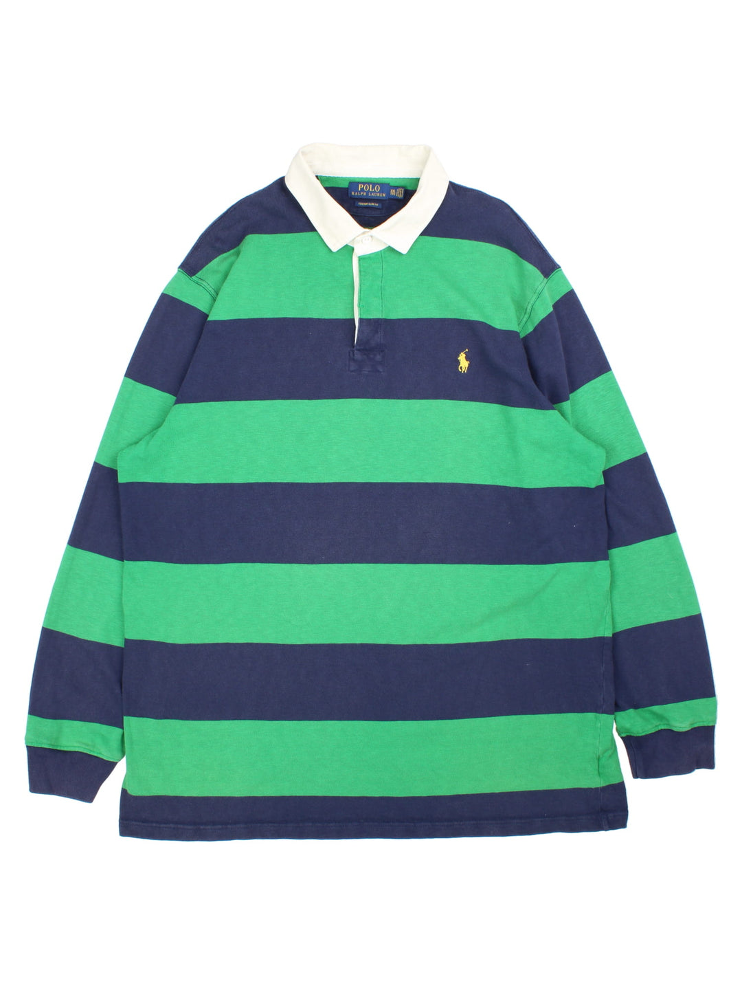 Ralph Lauren Rugby Shirt in a green and blue colourway with striped pattern. White collar and small classic logo on the front.