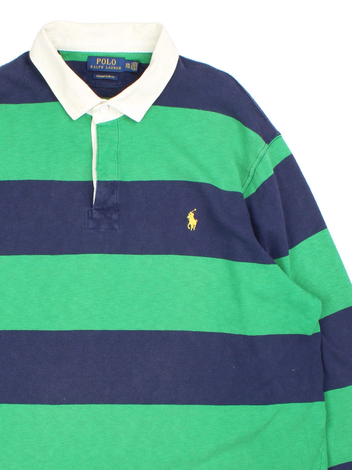 Ralph Lauren Rugby Shirt in a green and blue colourway with striped pattern. White collar and small classic logo on the front.