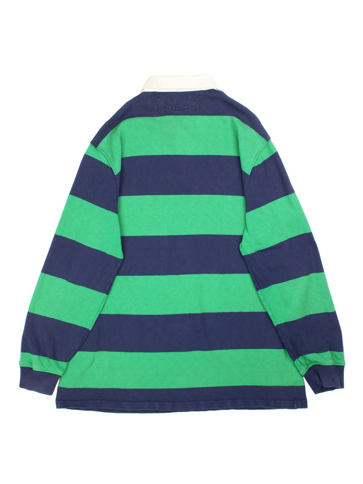 Ralph Lauren Rugby Shirt in a green and blue colourway with striped pattern. White collar and small classic logo on the front.