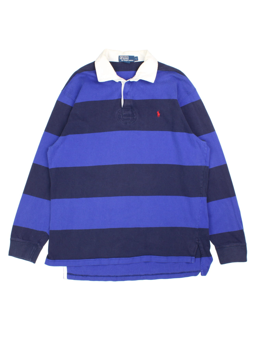 Ralph Lauren Rugby Shirt in a blue colourway with striped pattern. White collar and small classic logo on the front.