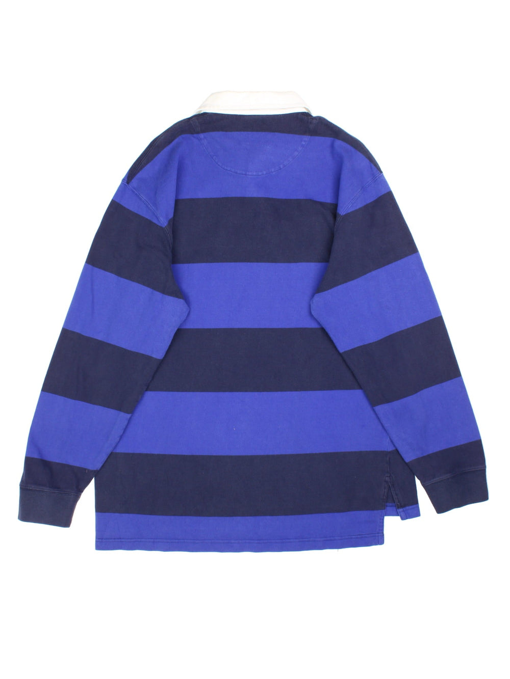 Ralph Lauren Rugby Shirt in a blue colourway with striped pattern. White collar and small classic logo on the front.