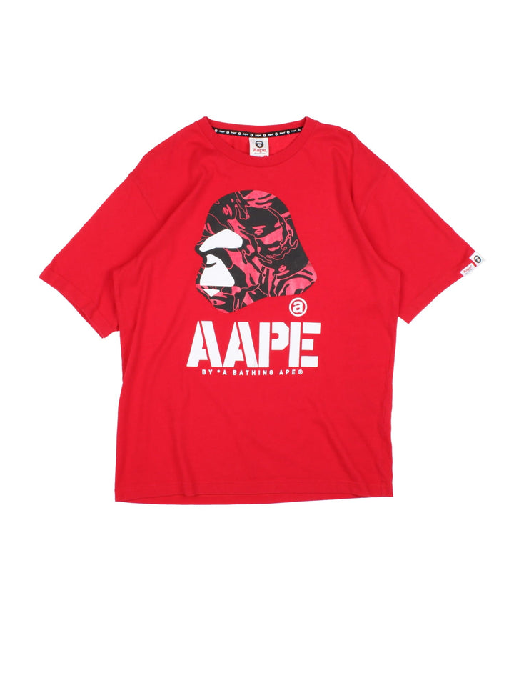 Bape Aape by A Bathing Ape T-Shirt in a red colourway with the logo graphic and spell out printed on the front and back.