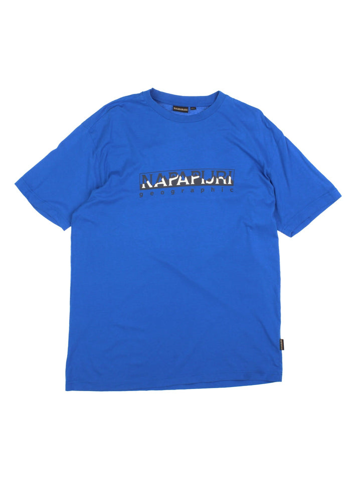 Napapijri Logo T-Shirt in a blue colourway with the spell out logo printed across the front.