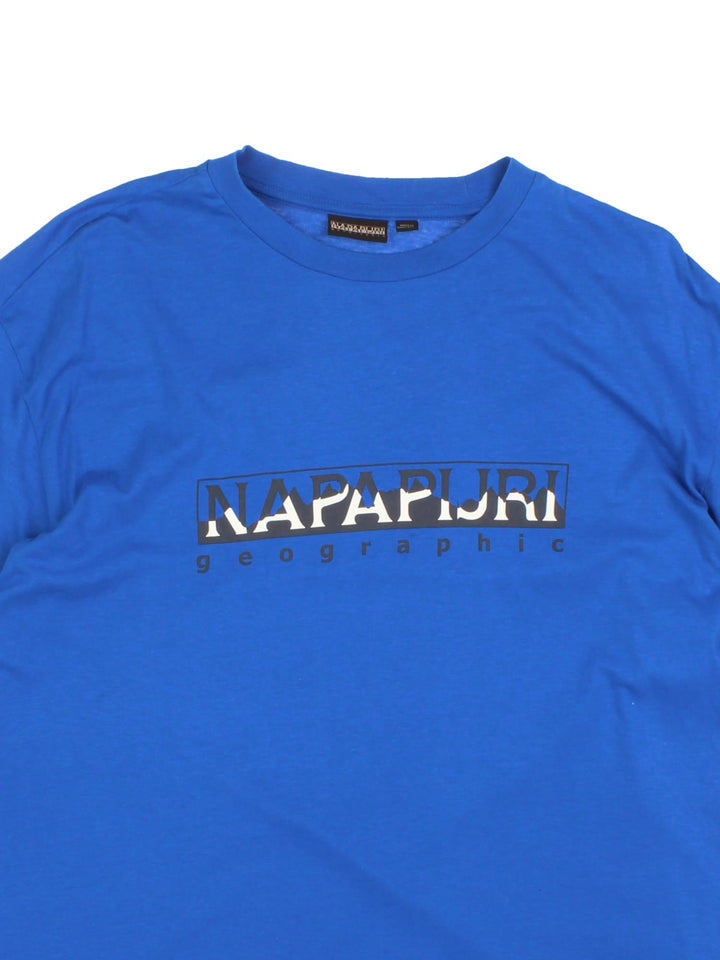 Napapijri Logo T-Shirt in a blue colourway with the spell out logo printed across the front.