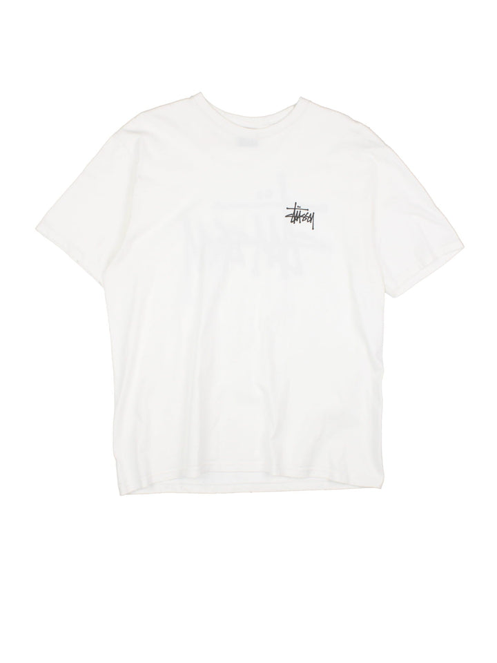 Stussy T-Shirt in a white colourway with the logo printed on the front and back.