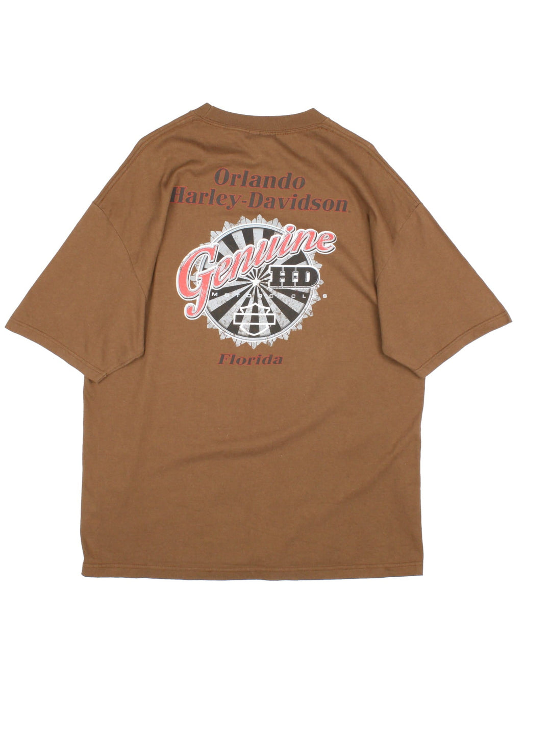 Harley-Davidson T-Shirt in a brown colourway with a graphic of a women and motorbike on the front and the logo spell out on the back.