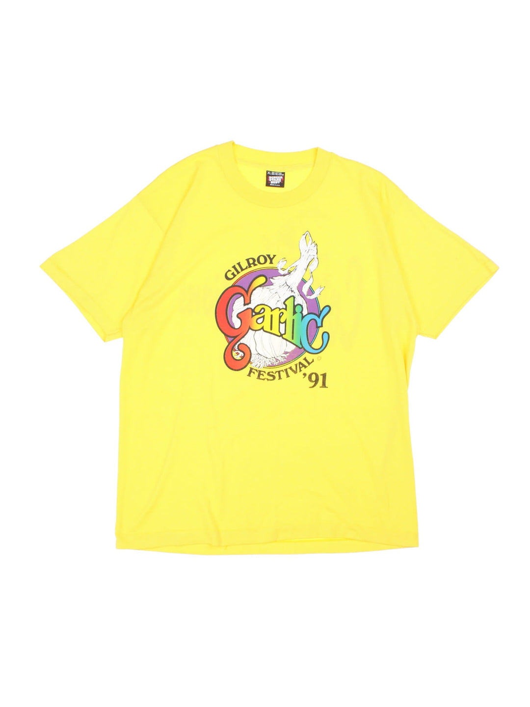 Vintage 90's 1991 Gilroy Garlic Festival T-Shirt in yellow with graphic printed on the front and back.