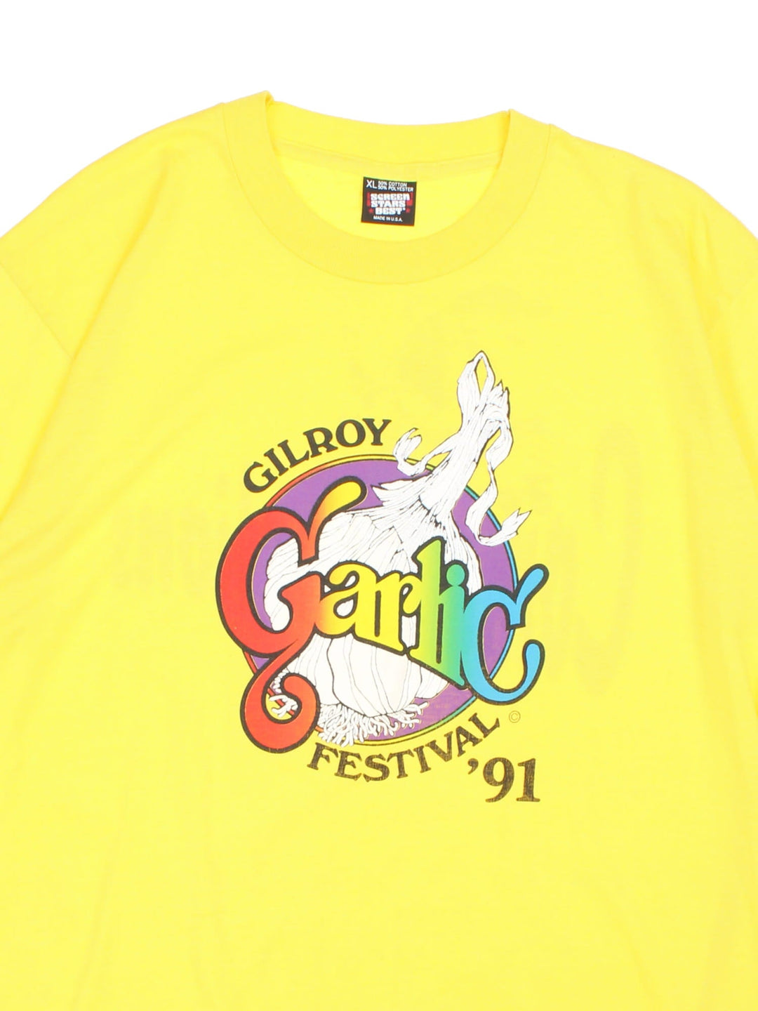 Vintage 90's 1991 Gilroy Garlic Festival T-Shirt in yellow with graphic printed on the front and back.