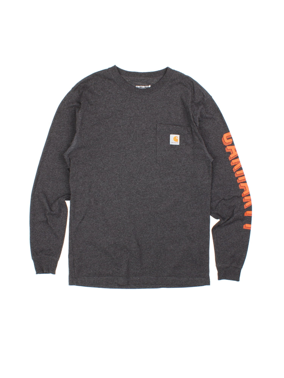 Carhartt long sleeve T-Shirt in grey with pocket and logo and graphic printed on the sleeve.