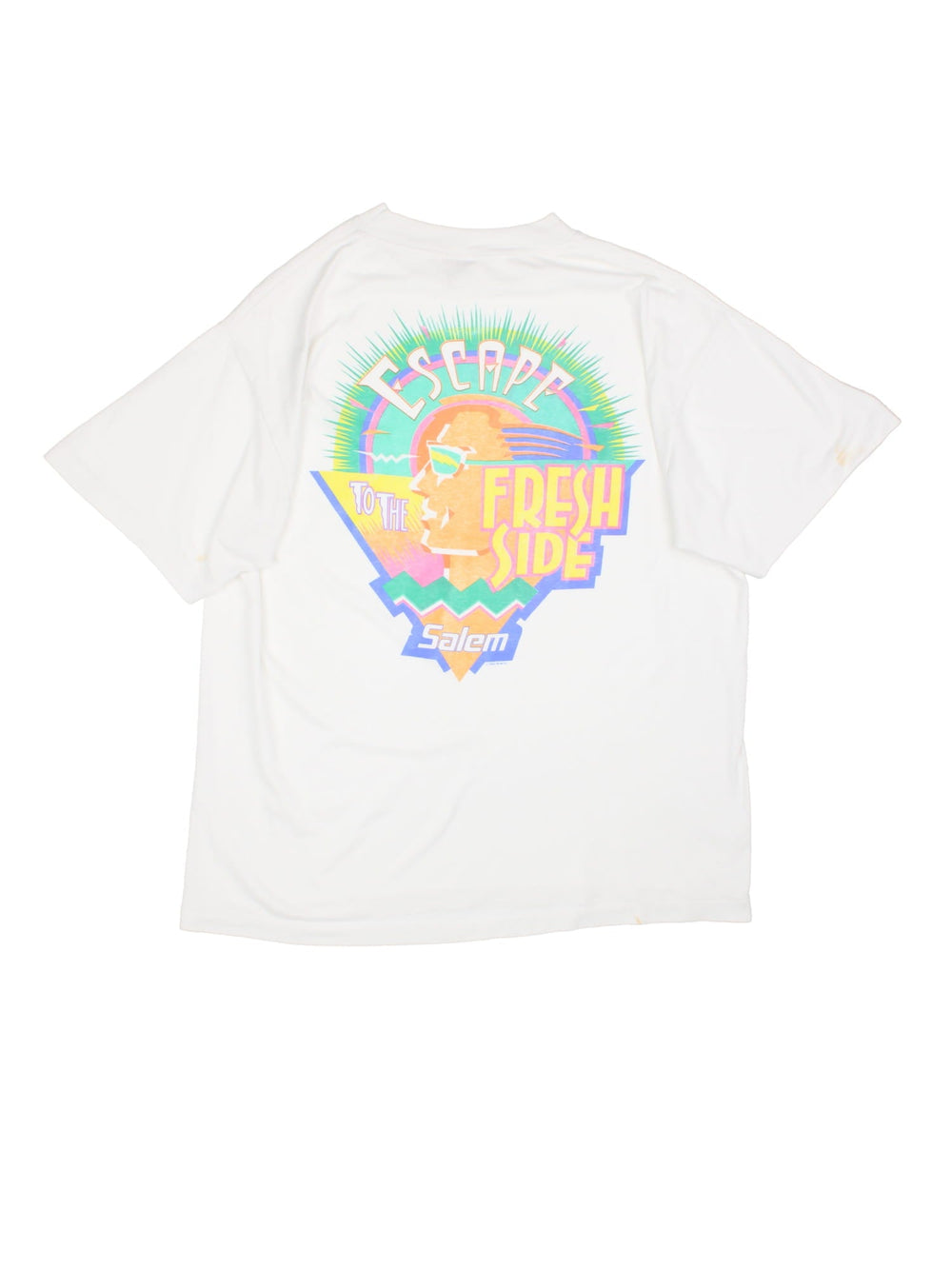 Vintage 1992 Salem Escape to the Fresh Side T-Shirt in white with graphic printed on the front and back.