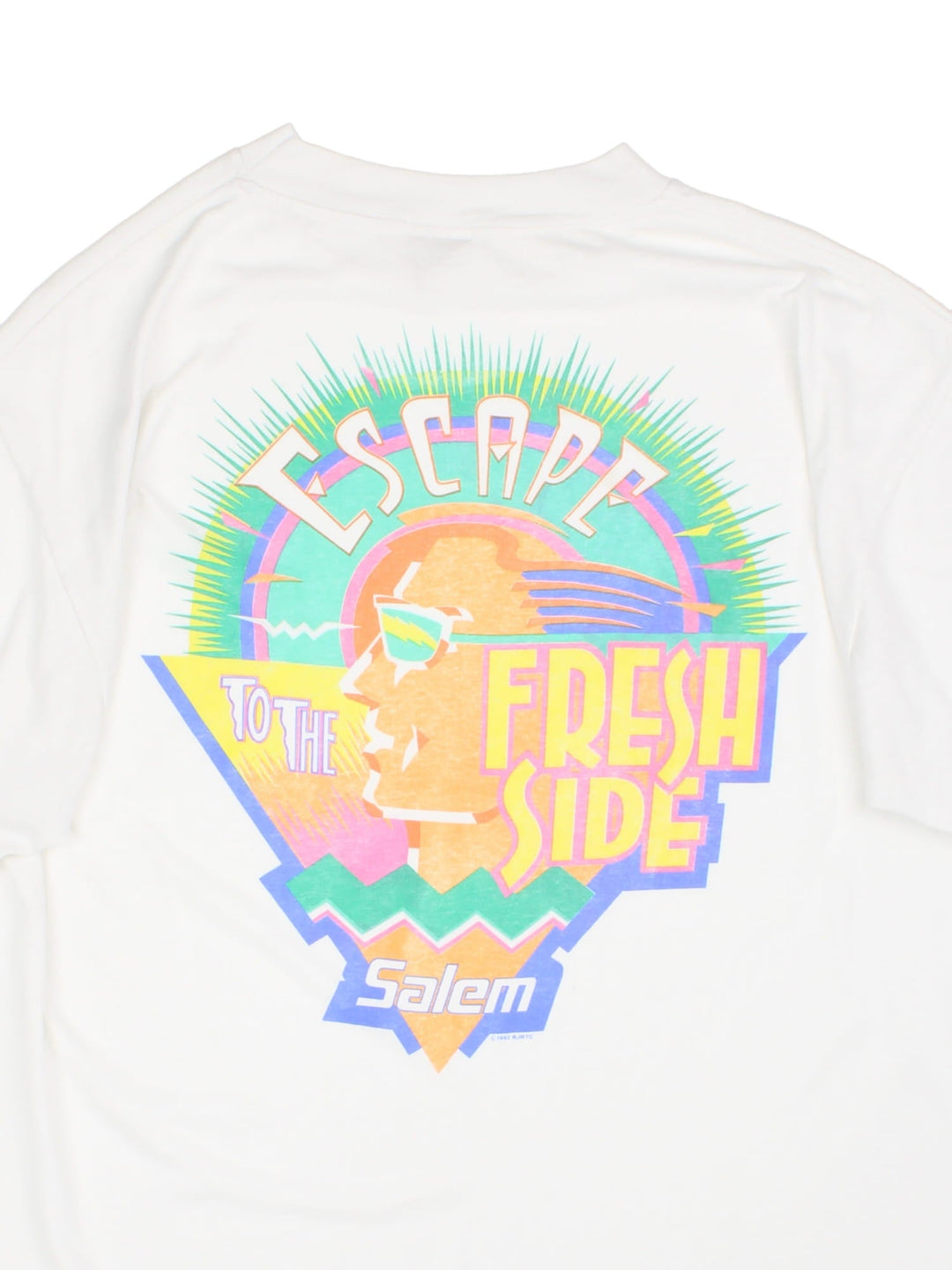 Vintage 1992 Salem Escape to the Fresh Side T-Shirt in white with graphic printed on the front and back.