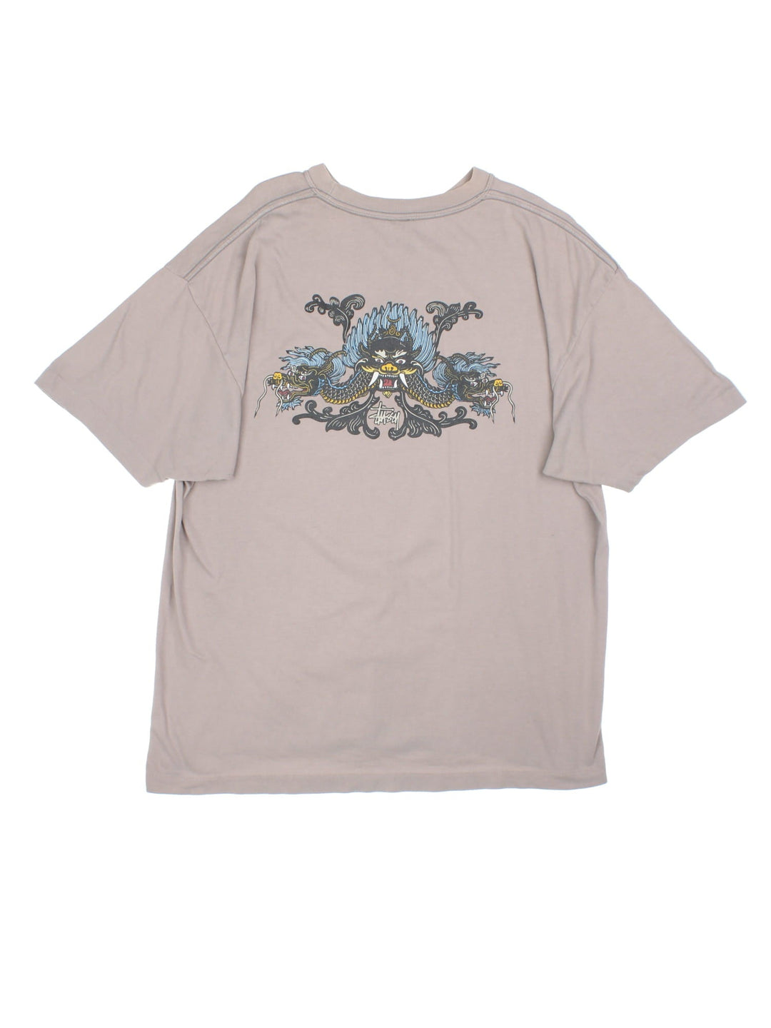 Stussy T-Shirt in grey with graphic printed on the front and the back.