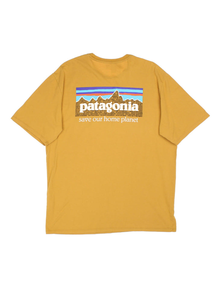 Patagonia Logo T-Shirt in a mustard yellow colourway with large logo graphic on the back and small logo on chest.