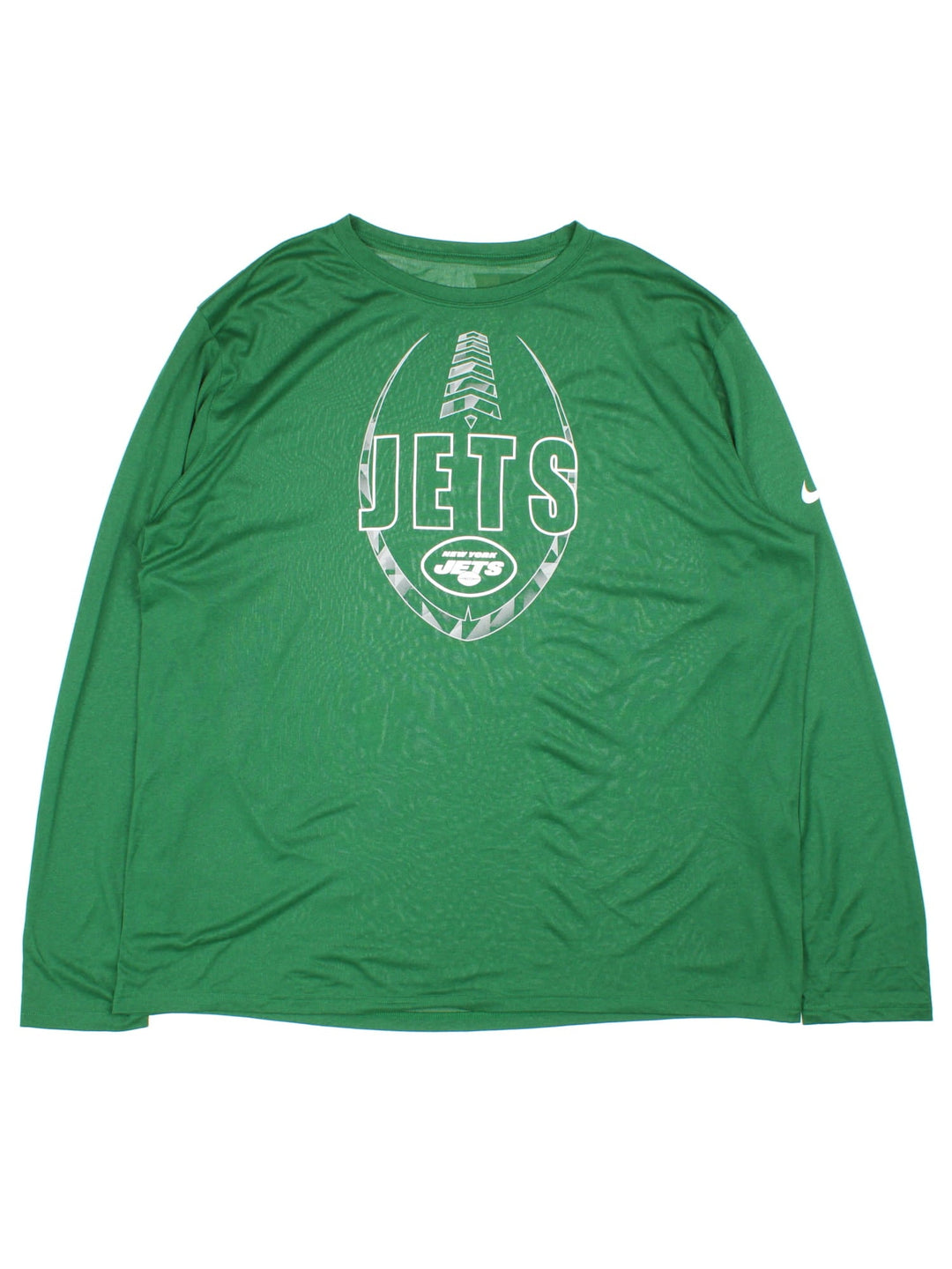 Nike New York Jets NFL Long-sleeved T-Shirt in a green colourway with the large team logo printed on the front and small Nike swoosh on sleeve.