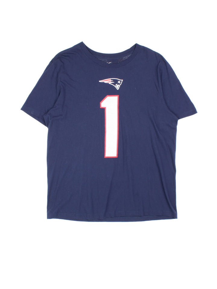 Nike New England Patriots NFL T-Shirt in a blue colourway with the team logo printed on the front and has Newton number 1 on the back.