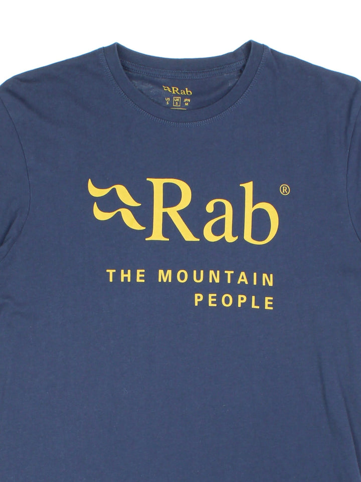 Rab Stance Mountain T-Shirt in a blue colourway with the logo printed on the front.