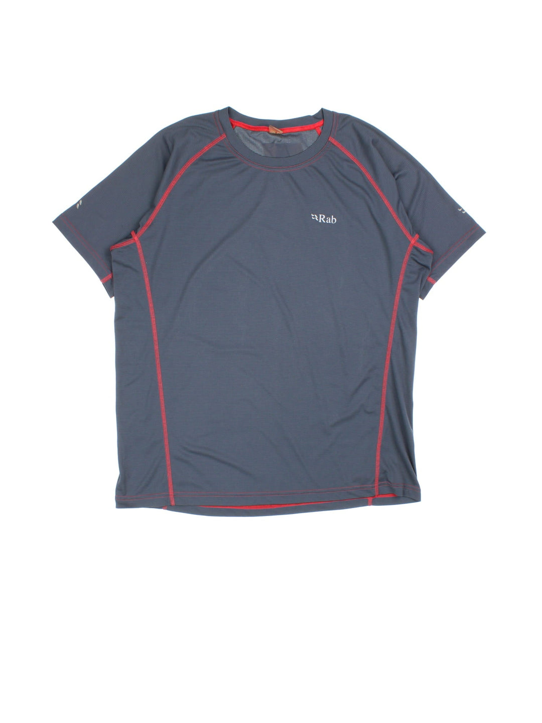 Rab Interval T-Shirt in a blue colourway with red stitching and small logo printed on the front.