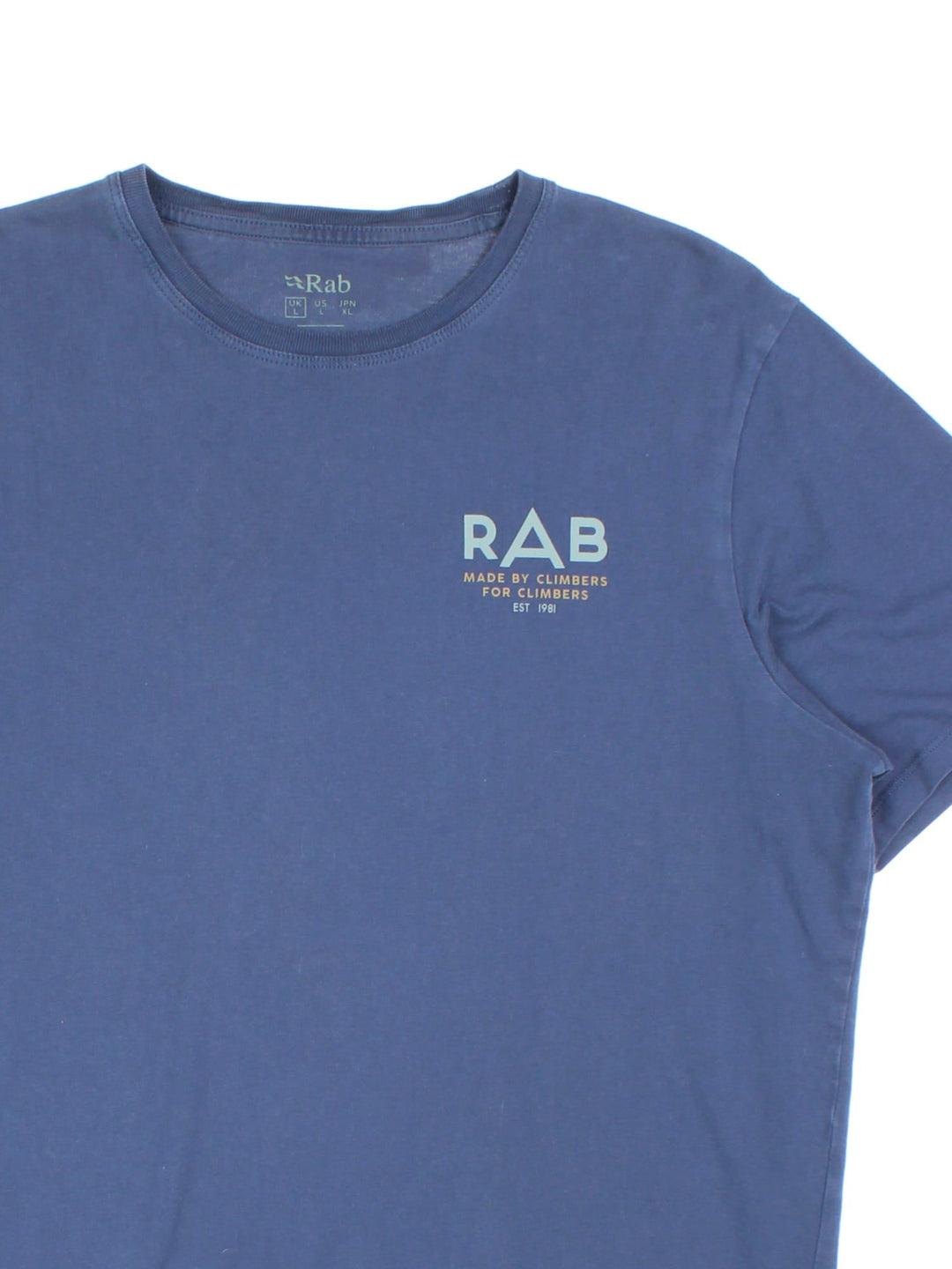 Rab Stance Sunrise T-Shirt in a blue colourway with large graphic on the back and small logo on the front.