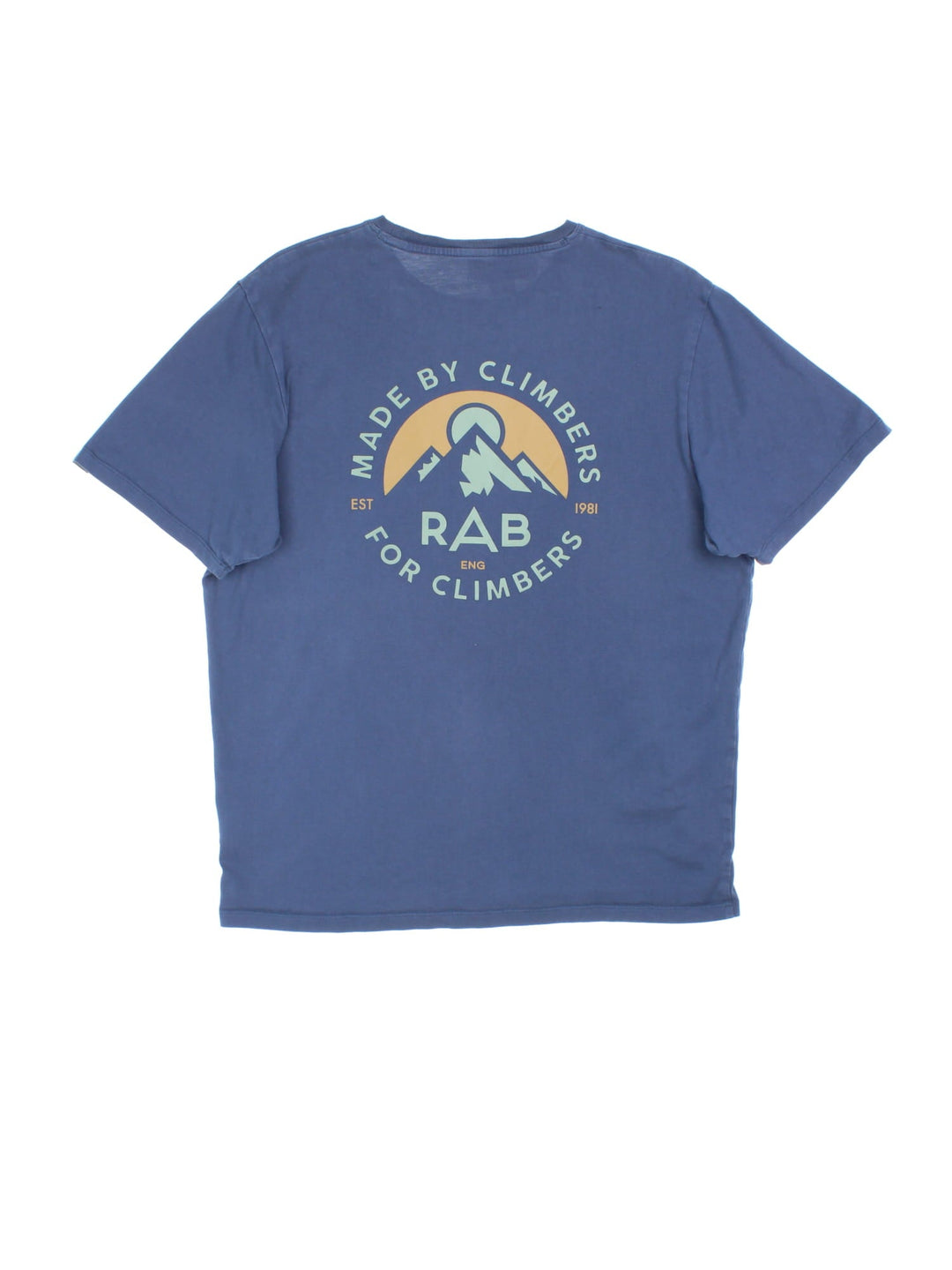 Rab Stance Sunrise T-Shirt in a blue colourway with large graphic on the back and small logo on the front.