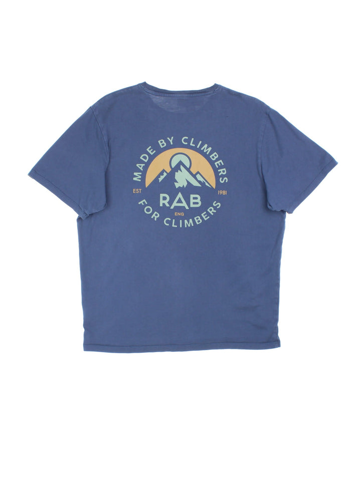 Rab Stance Sunrise T-Shirt in a blue colourway with large graphic on the back and small logo on the front.