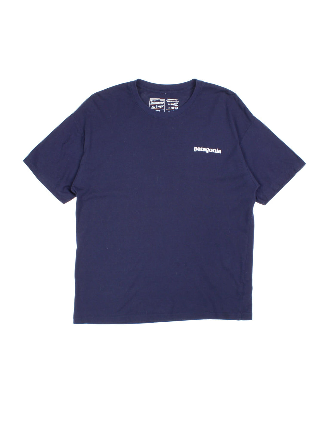 Patagonia P-6 Logo T-Shirt in a blue colourway with the small classic logo on the front and large graphic on the back.