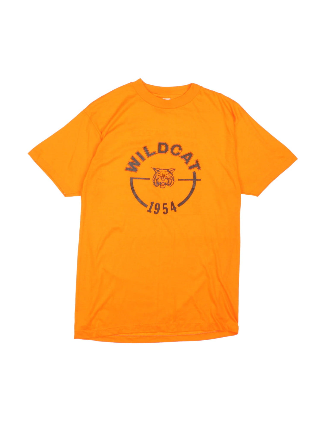 Vintage 1995 Wildcats College Sports Team Graphic T-Shirt in a orange colourway with the logo and spell out printed on the front, and team list on the back.